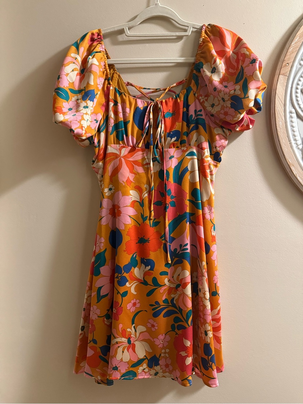 Floral Puff-Sleeve Mini Dress in Mustard